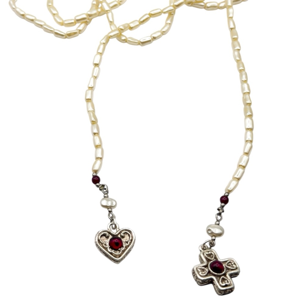 Vintage Lariat Pearl Necklace - New Old Stock NWT Heart Cross Pendants Goth